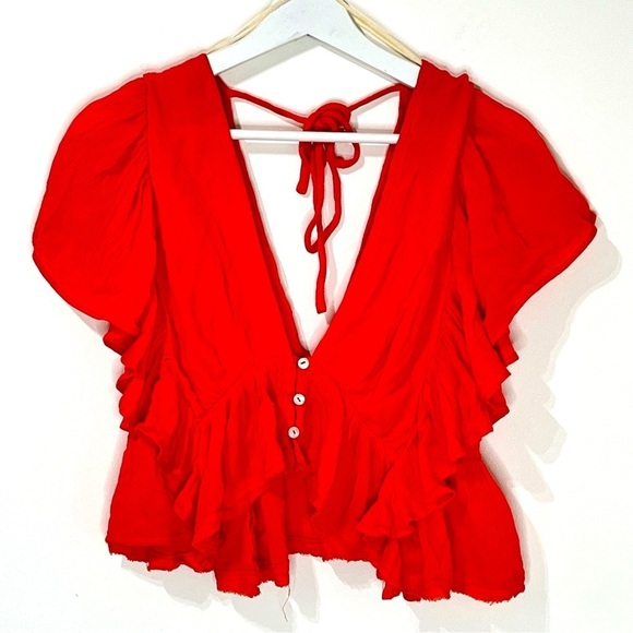 Free People Deep V Neck Ruffled Crop Orange Top Blouse Size XS - Picture 1 of 7